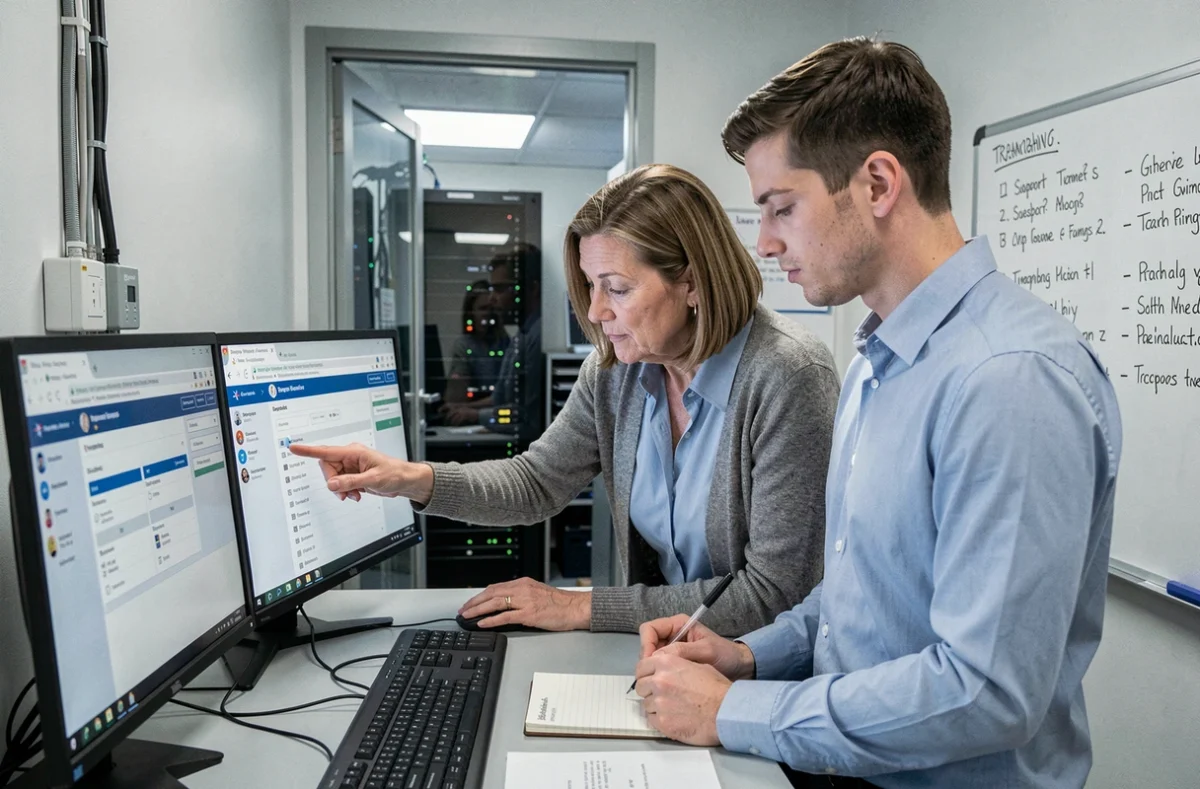 Deux collaborateurs Air France résolvant ensemble un problème de connexion au système Intraligne sur un poste de travail informatique
