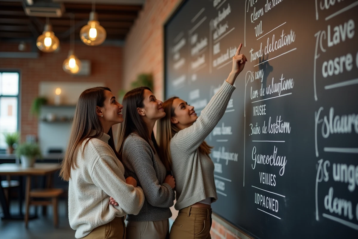 Trois collègues regardant un tableau avec des citations motivantes sur l'esprit d'équipe dans un espace de coworking
