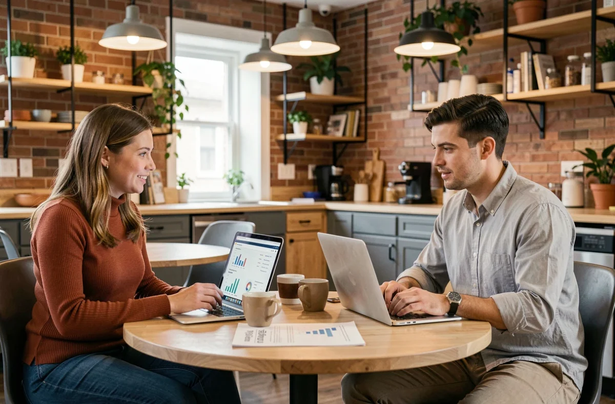 Deux collègues discutant d'un rapport d'intégration de données Power BI dans un espace collaboratif de startup tech