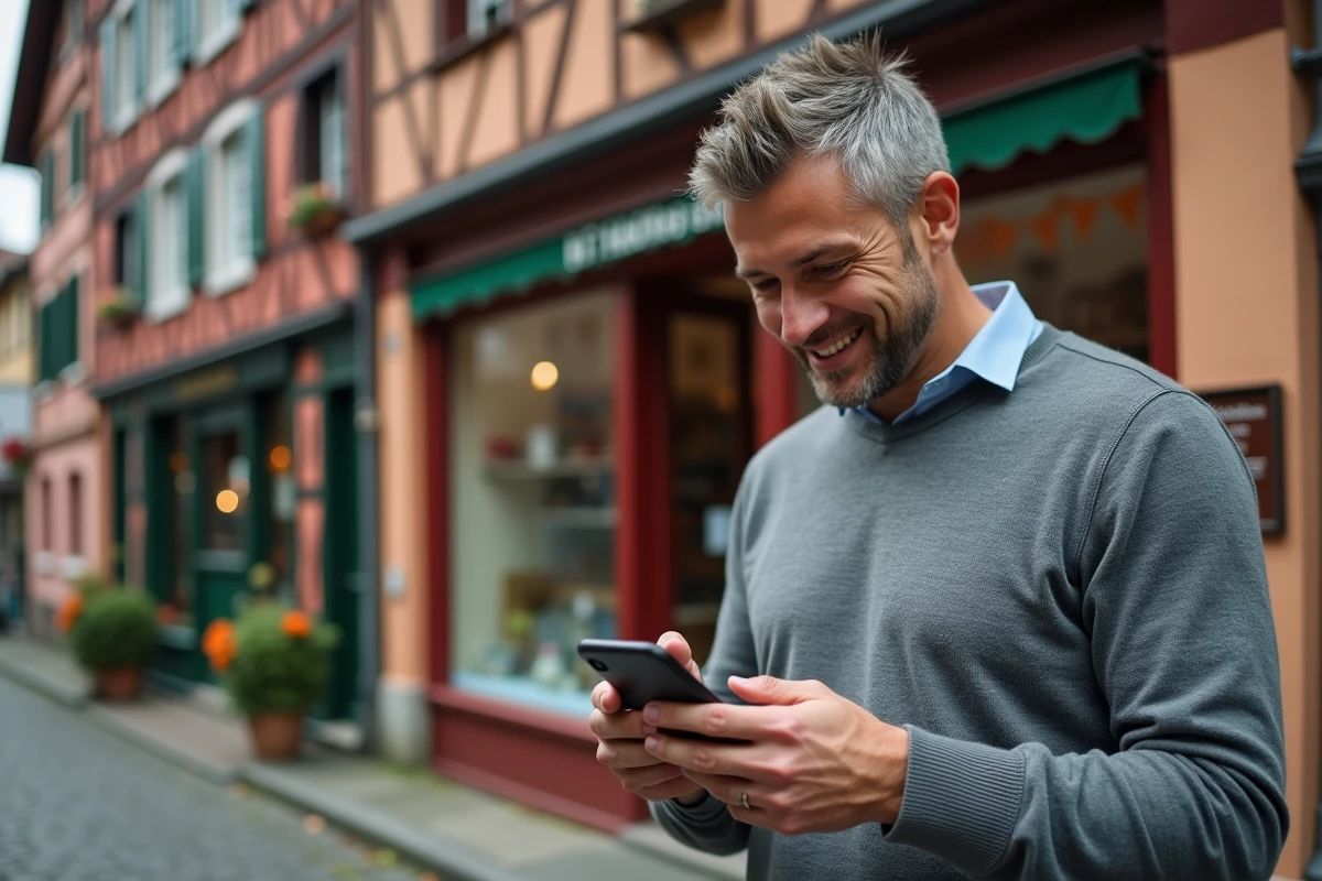 Commerçant alsacien consultant son référencement Google My Business devant sa boutique à colombages à Colmar