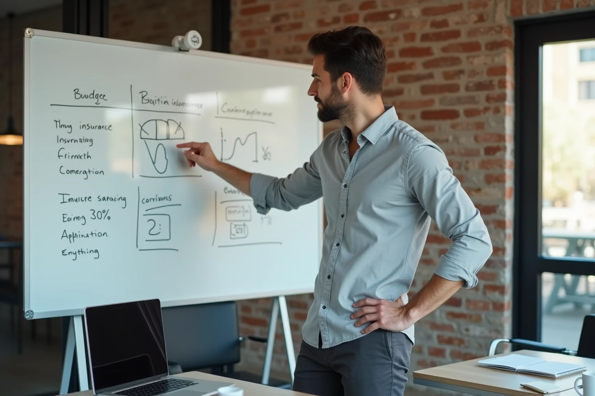 Entrepreneur comparant des options de couverture d'assurance sur un tableau blanc dans une salle de réunion de startup