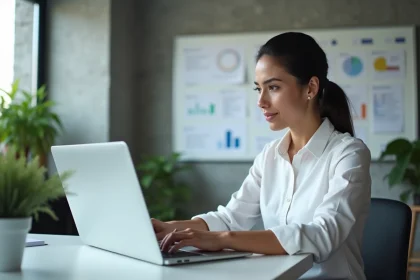 Chargée de projet en agence comparant deux outils de gestion sur des laptops côte à côte dans un bureau moderne