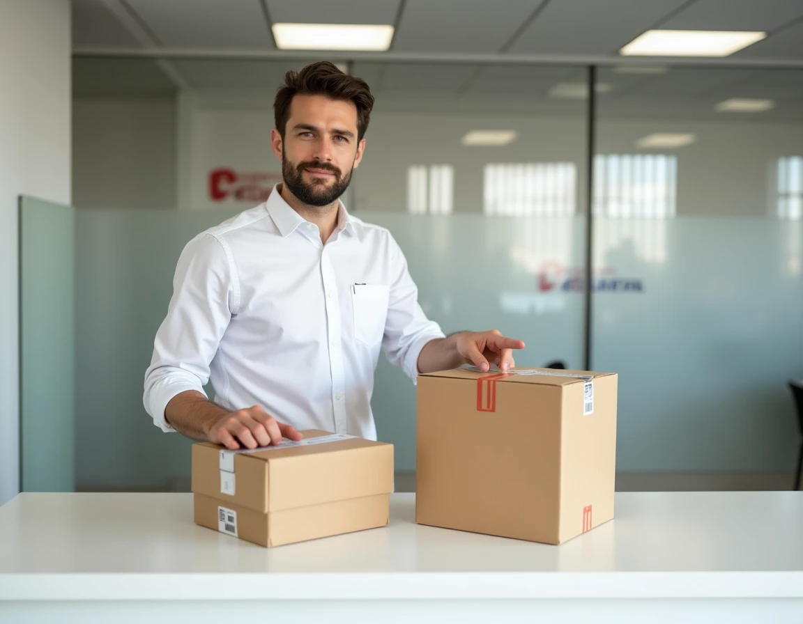 Homme comparant deux tailles de boîtes postales sur un comptoir dans un bureau de service postal Flexigo moderne