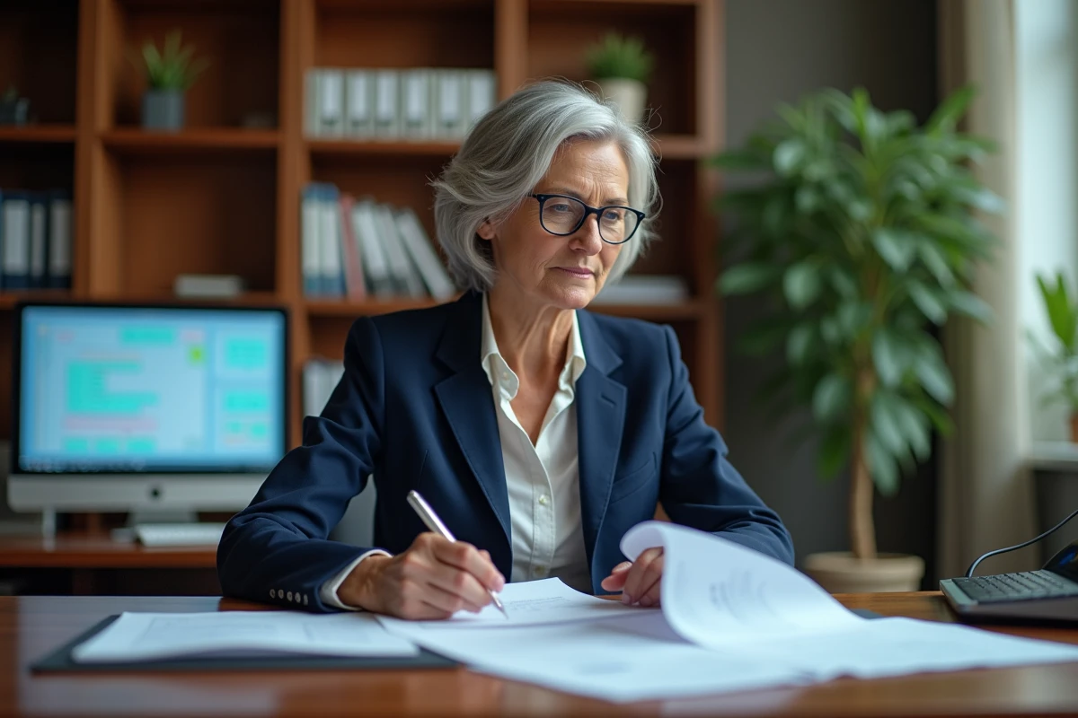 Comptable professionnelle en train d'examiner des documents financiers pour la cession d'un fonds de commerce