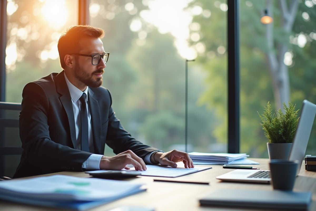 Comptable professionnel analysant des documents financiers dans un bureau lumineux