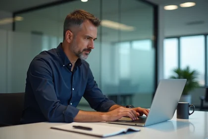 Comptable masculin vérifiant la sécurité des données sur le logiciel Ami Compta dans un cabinet comptable moderne