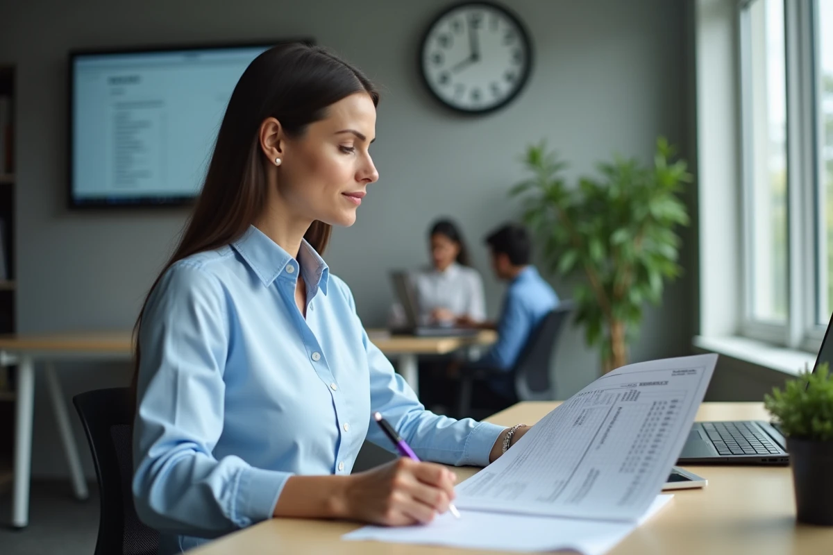 Femme en bureau comptant ses heures de travail sur un planning imprimé avec horloge murale visible