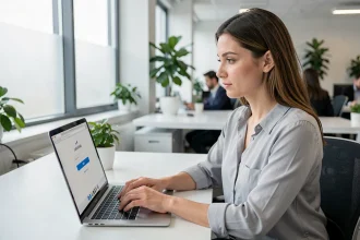 Femme connectée à son espace Nibelis sur un ordinateur portable dans un bureau moderne