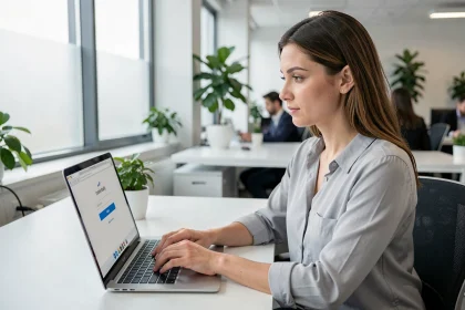 Femme connectée à son espace Nibelis sur un ordinateur portable dans un bureau moderne