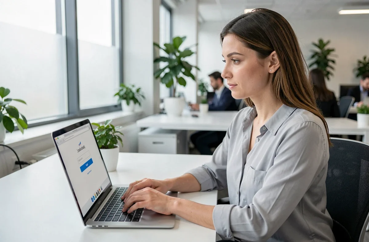 Femme connectée à son espace Nibelis sur un ordinateur portable dans un bureau moderne