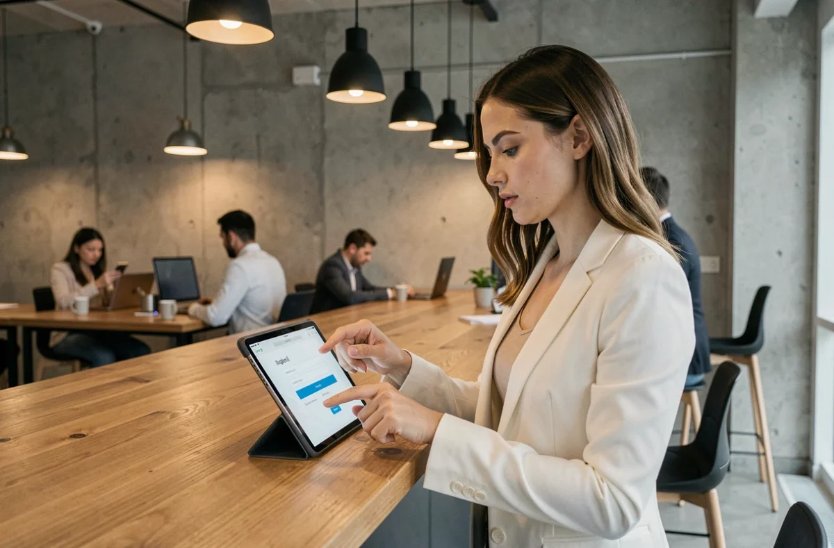 Jeune professionnelle se connectant à Nibelis sur une tablette dans un espace de coworking
