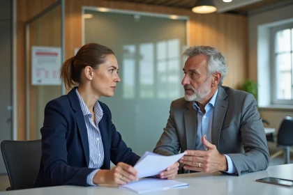 Femme en blazer navy et conseiller en emploi dans un bureau moderne
