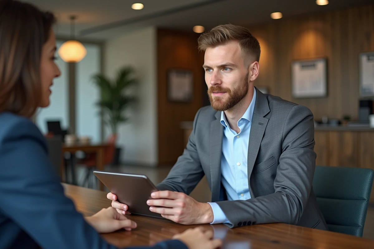 Jeune conseiller bancaire avec client dans lounge d