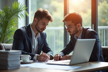 Conseiller financier et jeune investisseur en réunion dans un bureau lumineux