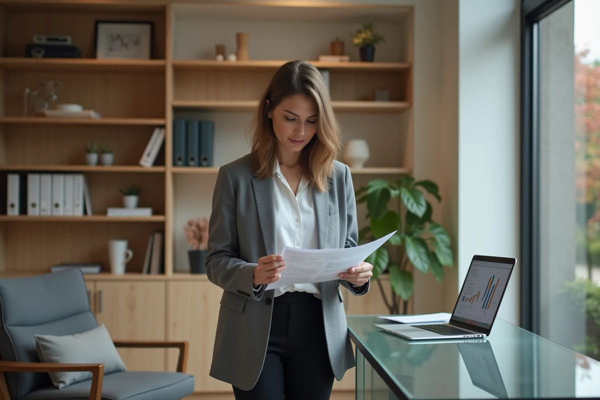 Conseillère financière en blazer gris analysant un portefeuille d'investissement dans un bureau lumineux aux étagères en bois
