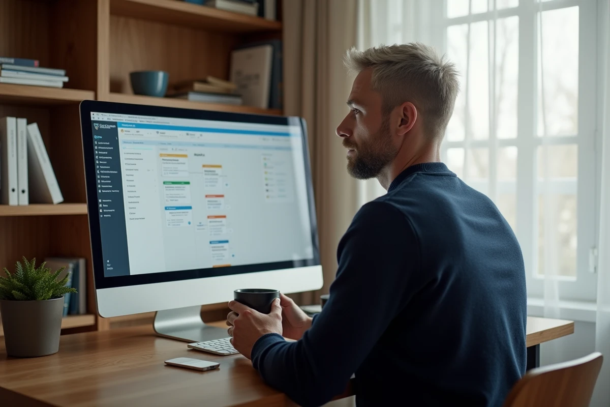 Consultant en agence évaluant un logiciel de gestion de flux de travail depuis son bureau à domicile