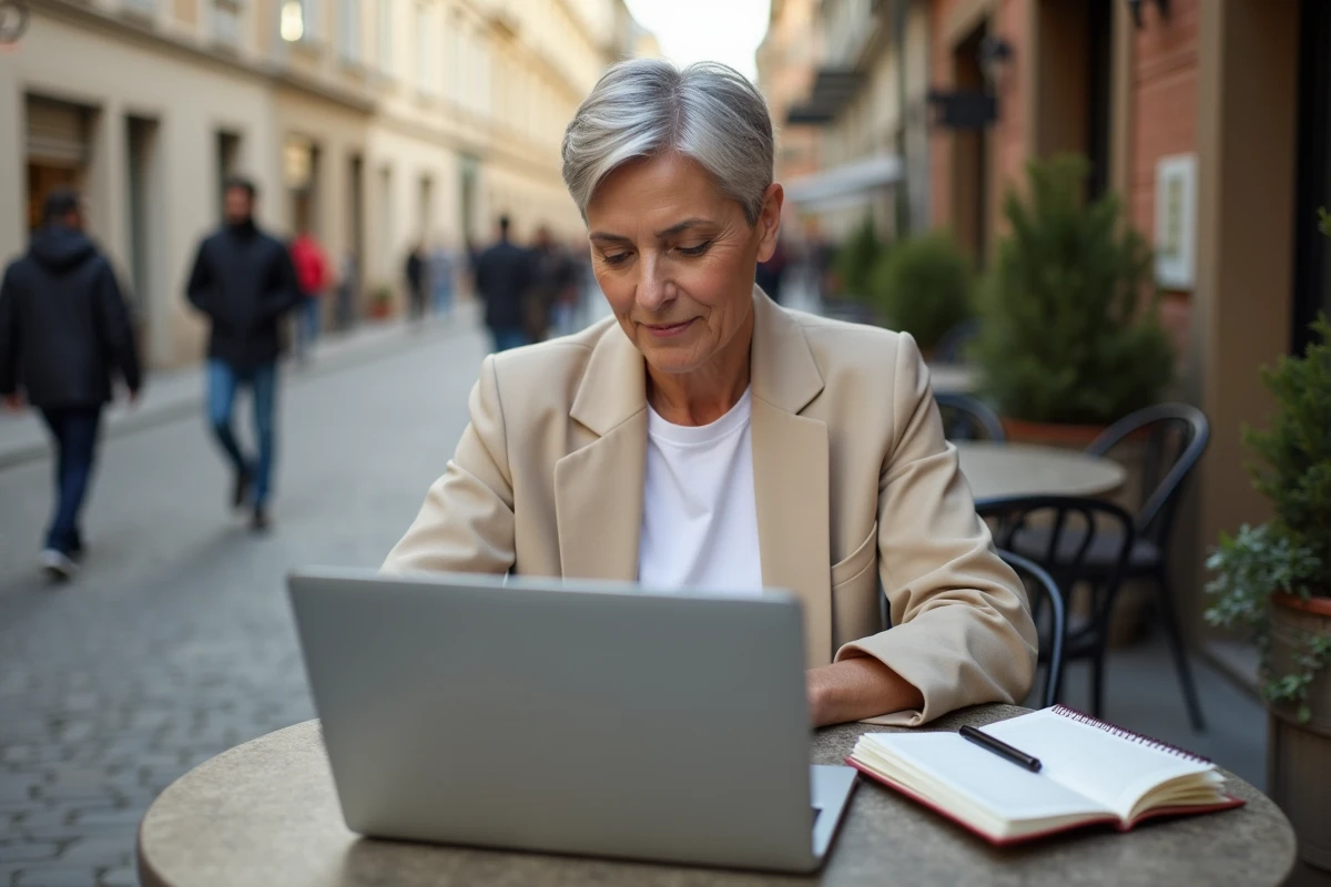 Consultante indépendante planifiant ses rendez-vous sur un logiciel d'agenda en terrasse de café en ville