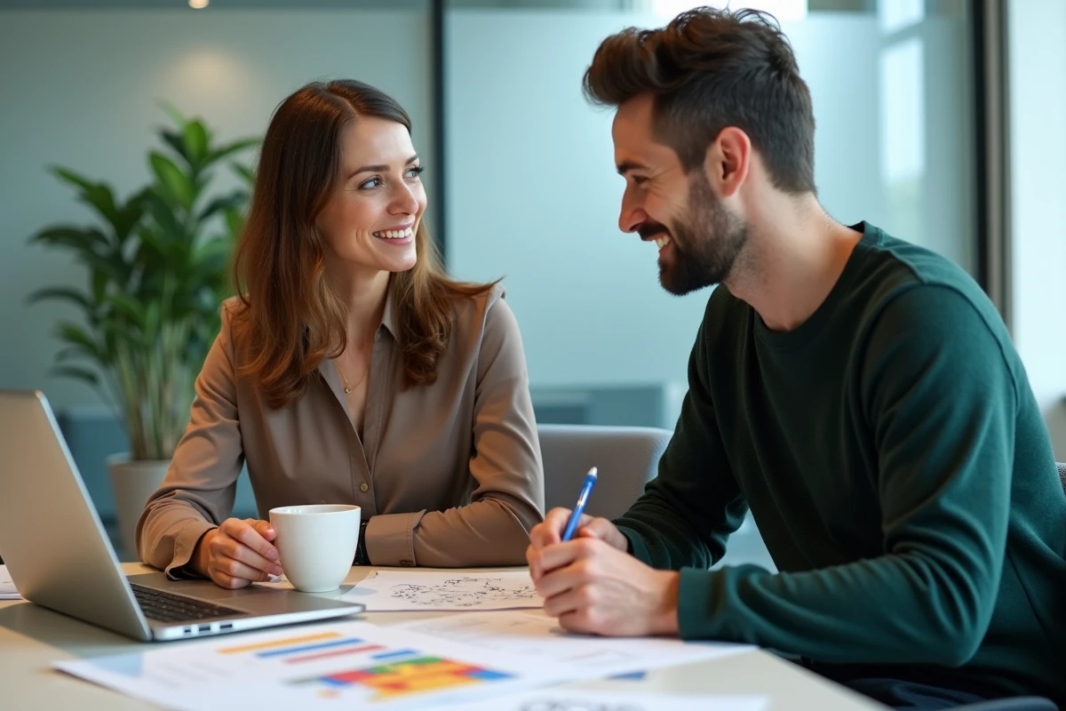 Deux consultants en recrutement collaborant autour d'un outil de sourcing géographique avec carte thermique régionale en salle de réunion