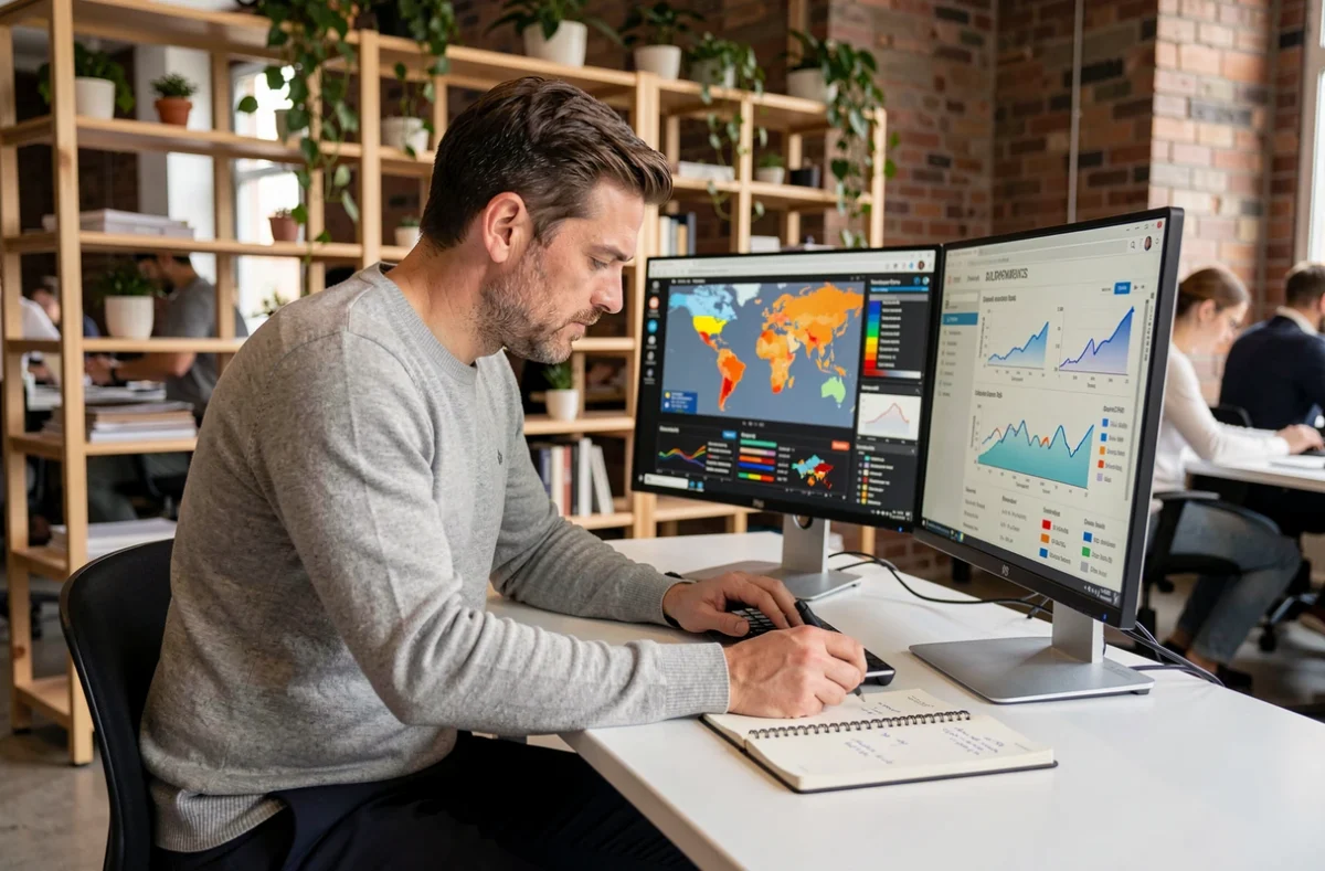 Professionnel consultant une plateforme d'indicateurs économiques territoriaux sur double écran dans un espace de coworking