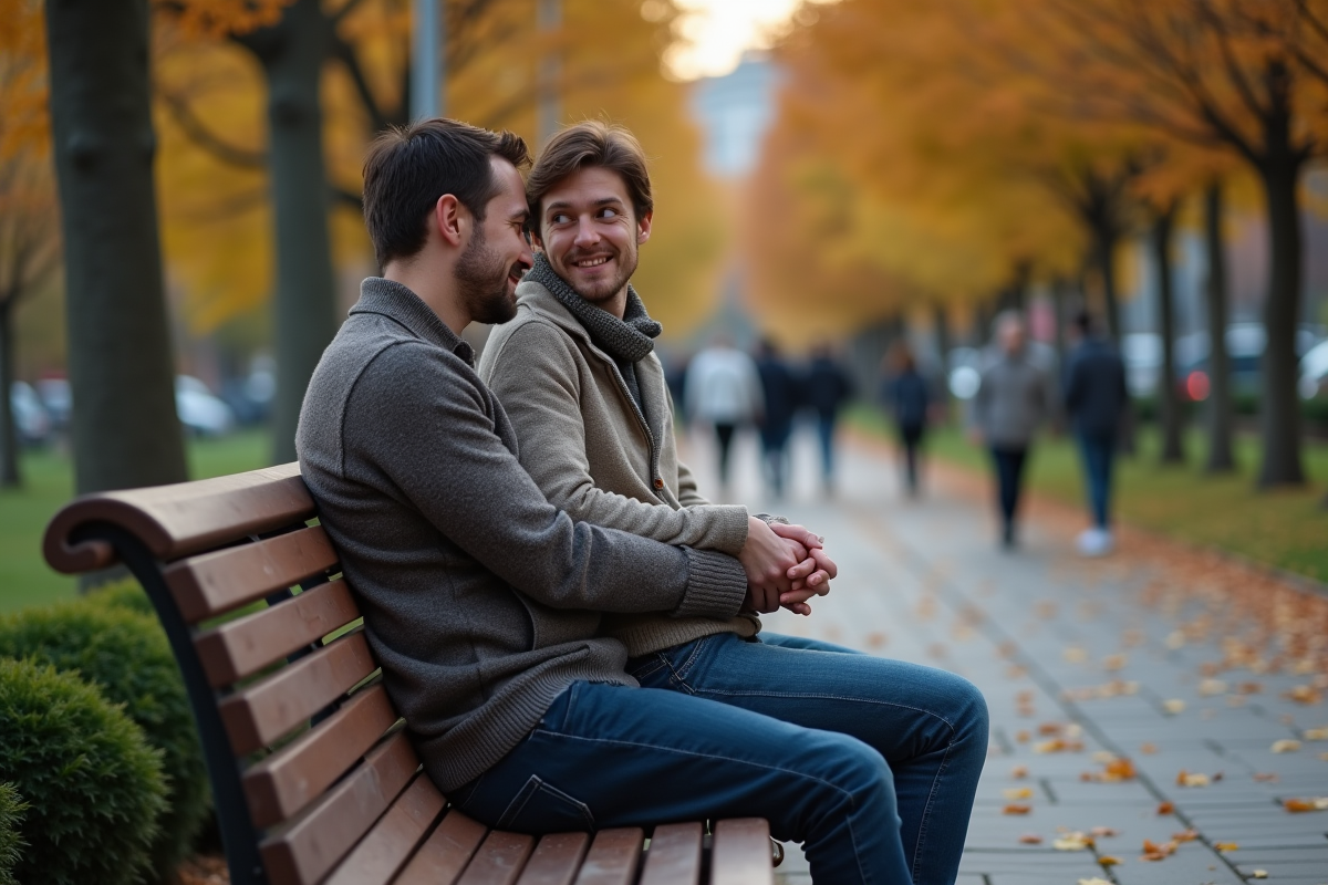 Couple souriant sur un banc dans un parc en automne