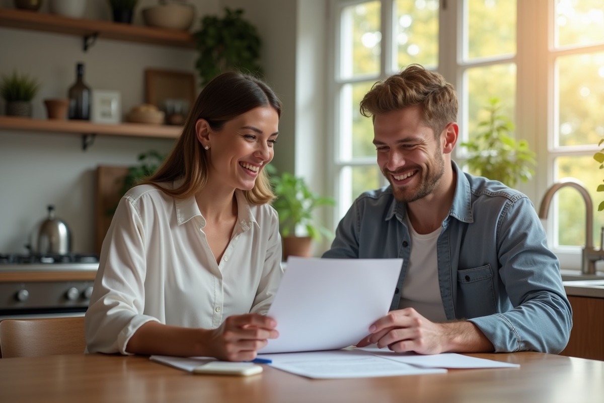 Couple professionnel discutant de documents de chômage dans la cuisine
