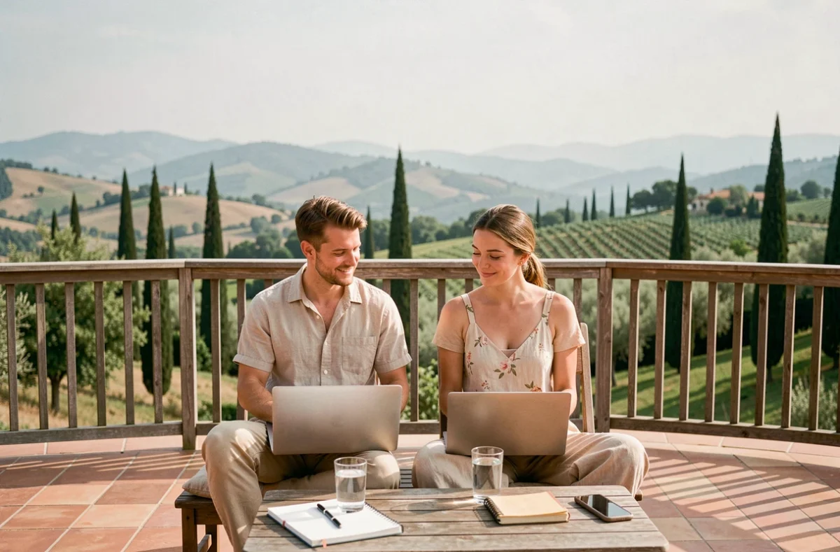 Couple en télétravail sur une terrasse méditerranéenne avec ordinateurs portables et vue sur la campagne, illustrant le mode de vie full remote et la liberté géographique
