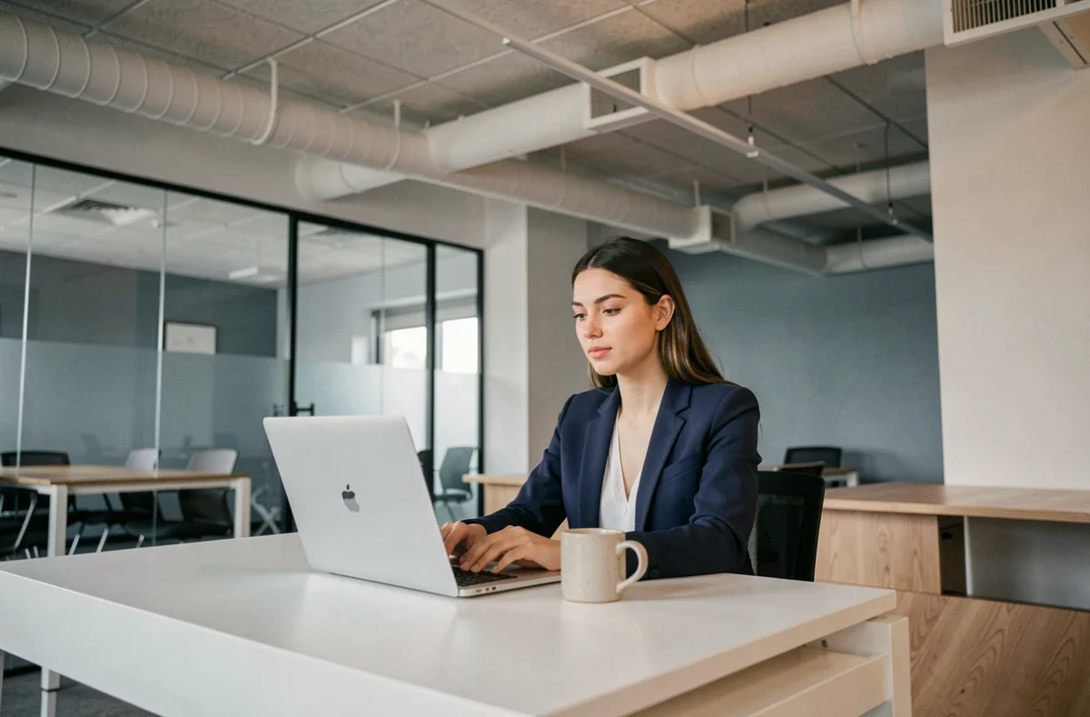 Femme travaillant à un bureau moderne dans l'espace de coworking Cowool à Cergy