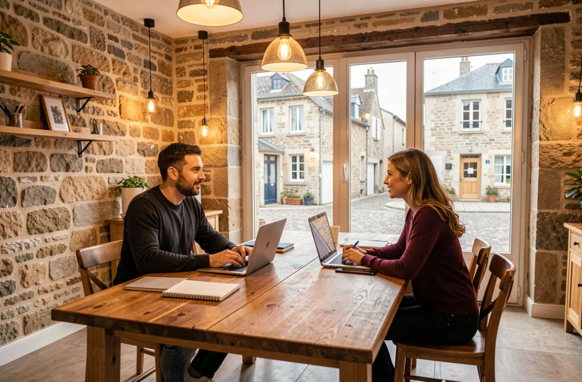 Deux professionnels collaborant dans l'espace Cowork and Co à Saint-Maximin avec une ambiance chaleureuse