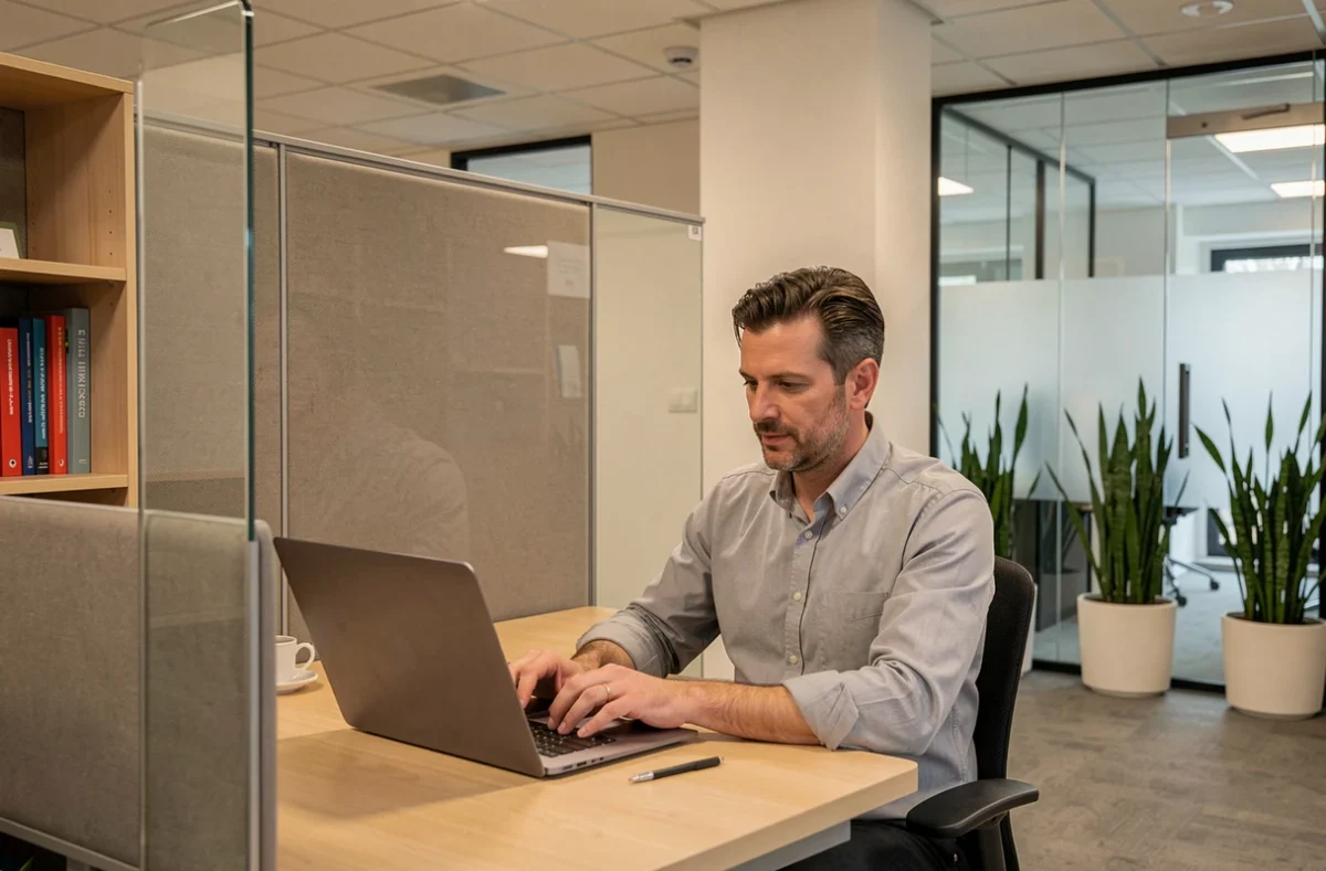 Homme travaillant dans une cabine de bureau privée au CoworkOffice Val-d'Oise à Deuil-la-Barre