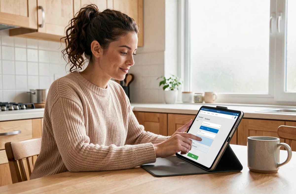 Jeune femme créant son compte sur le portail MyArkevia depuis une tablette pour accéder à ses fiches de paie