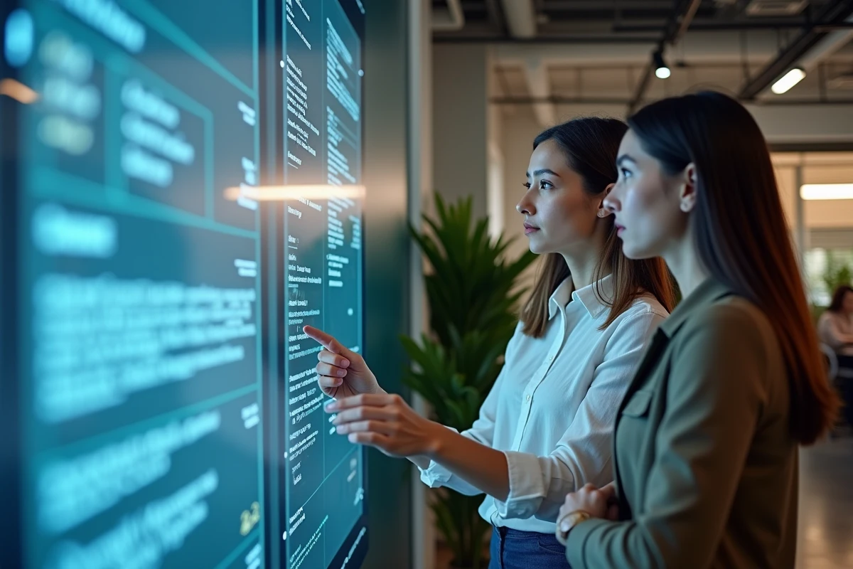 Deux femmes discutant devant un grand écran digital en coworking