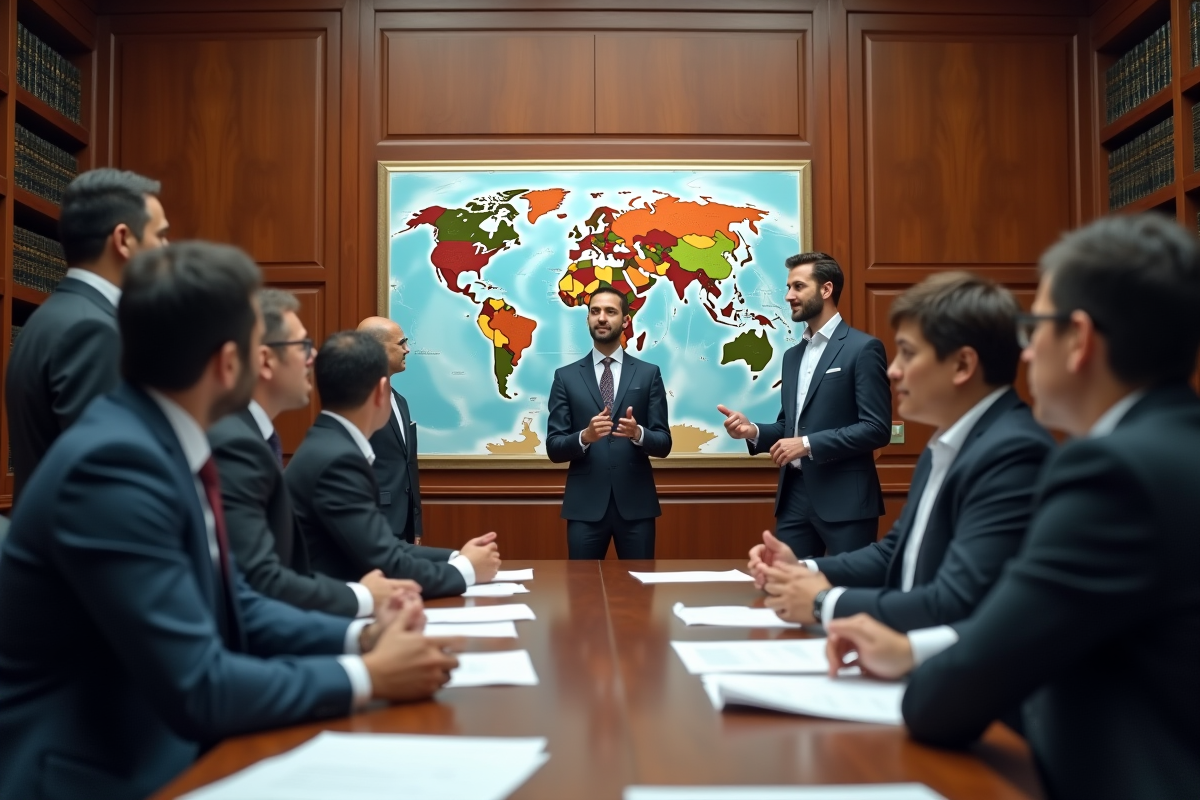 Groupe de professionnels discutant autour d une carte du monde