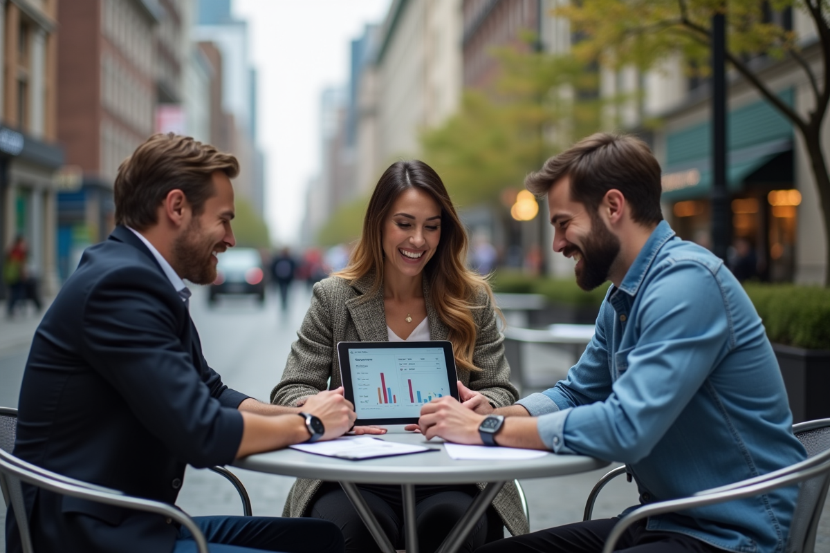 Groupe de jeunes professionnels discutant au café en extérieur