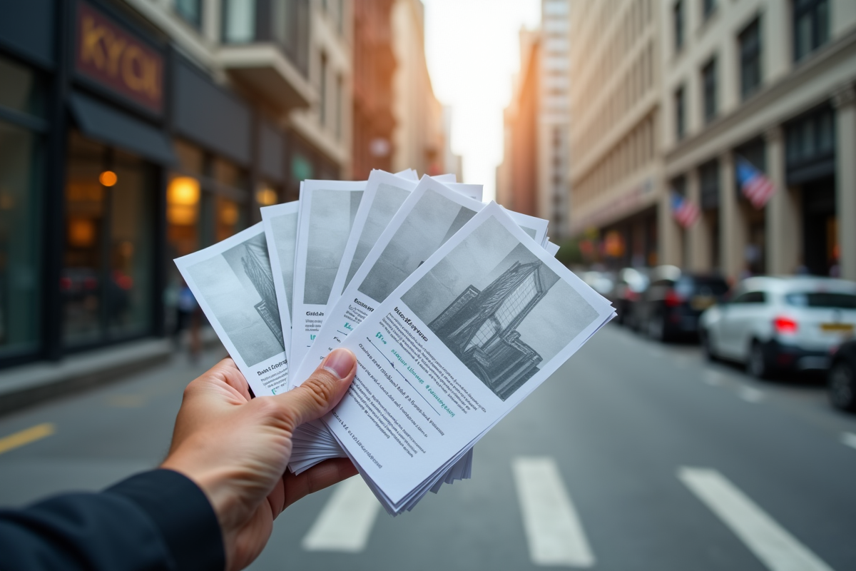 Main tenant des flyers dans une rue animée en ville