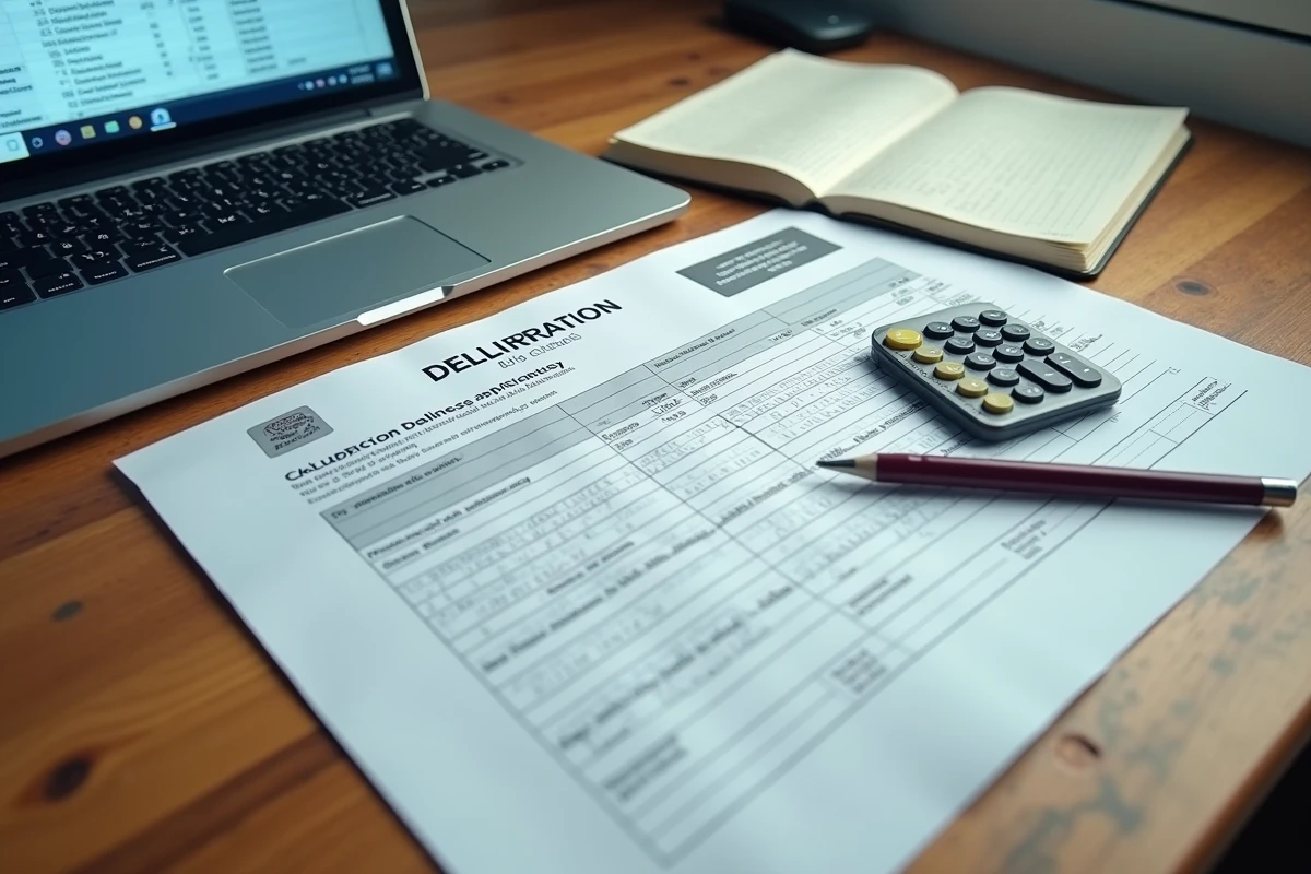 Vue aérienne d'un bureau avec des documents fiscaux et calculs pour la cession d'un fonds de commerce