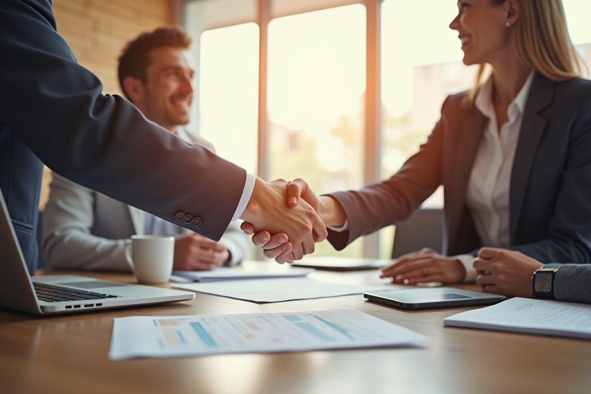 Deux professionnels se serrent la main dans un bureau lumineux