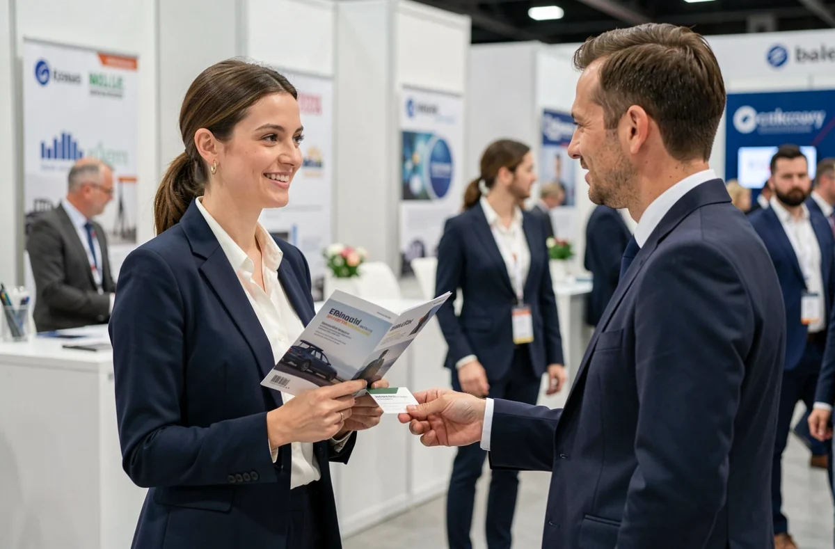 Femme d'affaires échangeant des cartes de visite lors du programme de networking de l'événement Lesentreprisesfrenchy 2026