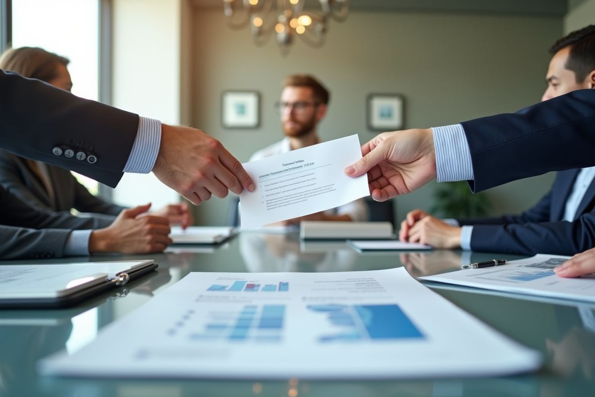 Main échangeant un document signé dans un bureau moderne