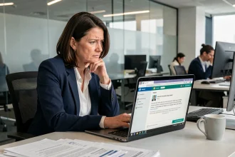 Employée Air France frustrée face à un message d'erreur sur le portail Intraligne de son ordinateur portable au bureau