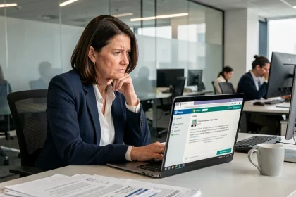 Employée Air France frustrée face à un message d'erreur sur le portail Intraligne de son ordinateur portable au bureau