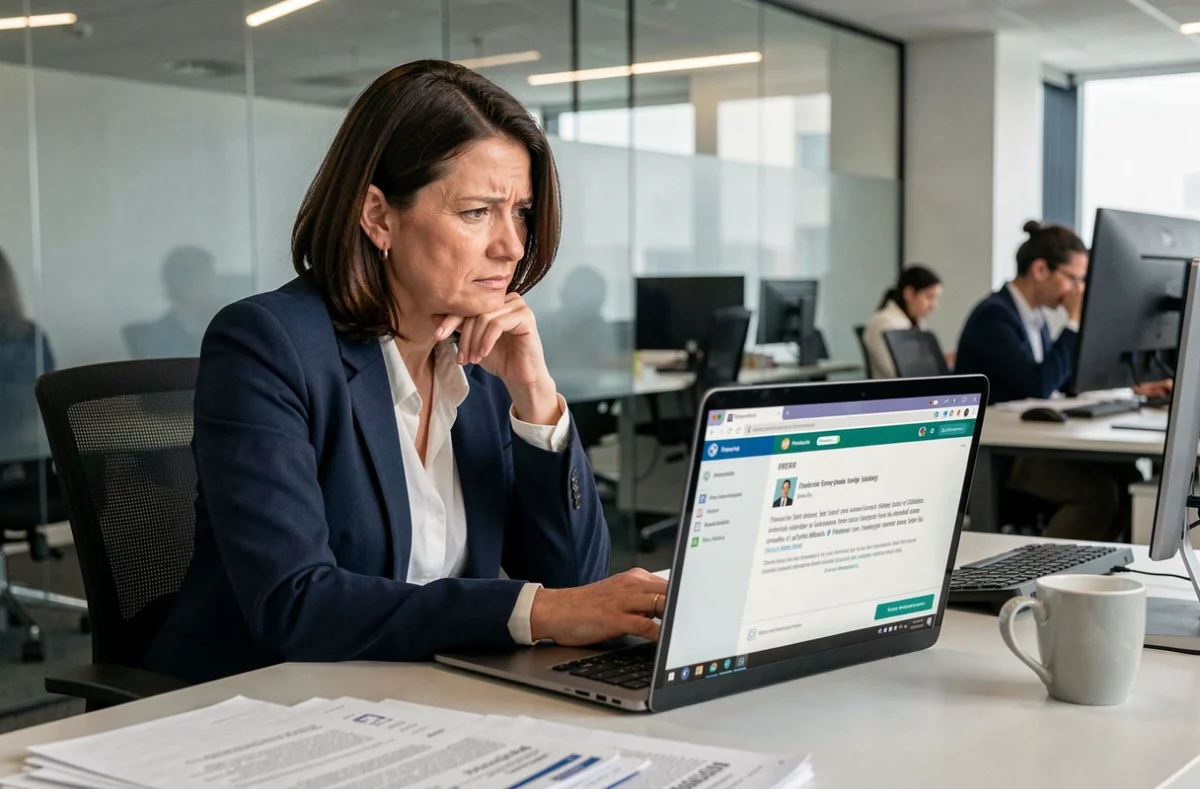 Employée Air France frustrée face à un message d'erreur sur le portail Intraligne de son ordinateur portable au bureau