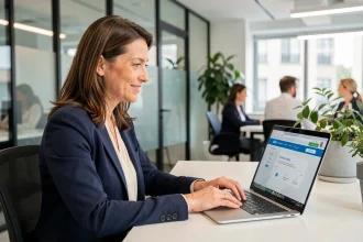 Employée de Dassault Aviation consultant les avantages du CSE sur un ordinateur portable en open space