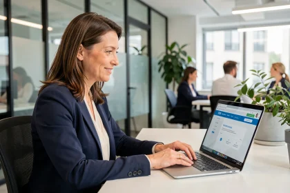 Employée de Dassault Aviation consultant les avantages du CSE sur un ordinateur portable en open space