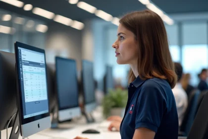Employée Norauto consultant son espace salarié sur l'intranet depuis un ordinateur de bureau en agence