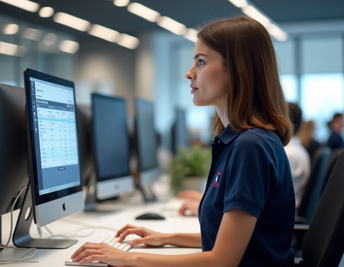 Employée Norauto consultant son espace salarié sur l'intranet depuis un ordinateur de bureau en agence