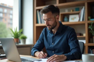 Entrepreneur en train d'analyser son plan d'affaires sur un bureau en bois dans un home office minimaliste, illustrant le lancement d'un premier business
