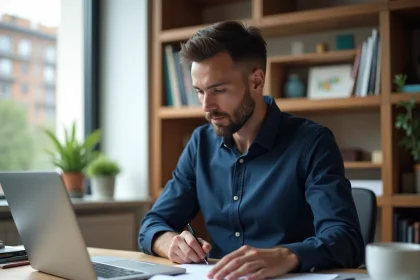 Entrepreneur en train d'analyser son plan d'affaires sur un bureau en bois dans un home office minimaliste, illustrant le lancement d'un premier business