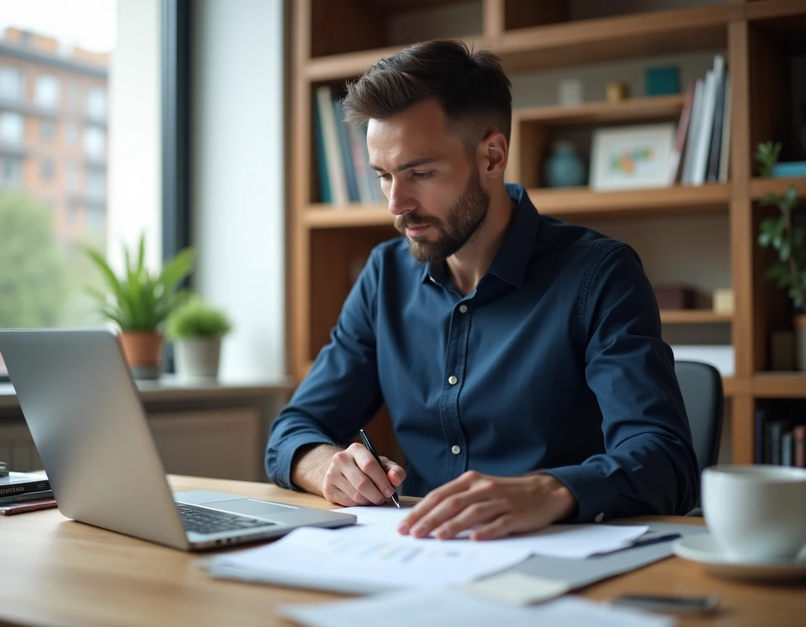Entrepreneur en train d'analyser son plan d'affaires sur un bureau en bois dans un home office minimaliste, illustrant le lancement d'un premier business