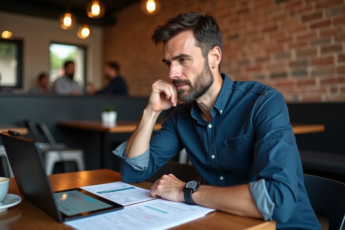 Entrepreneur masculin étudiant un guide d'accompagnement business dans un café pour structurer son projet et éviter les erreurs de débutant