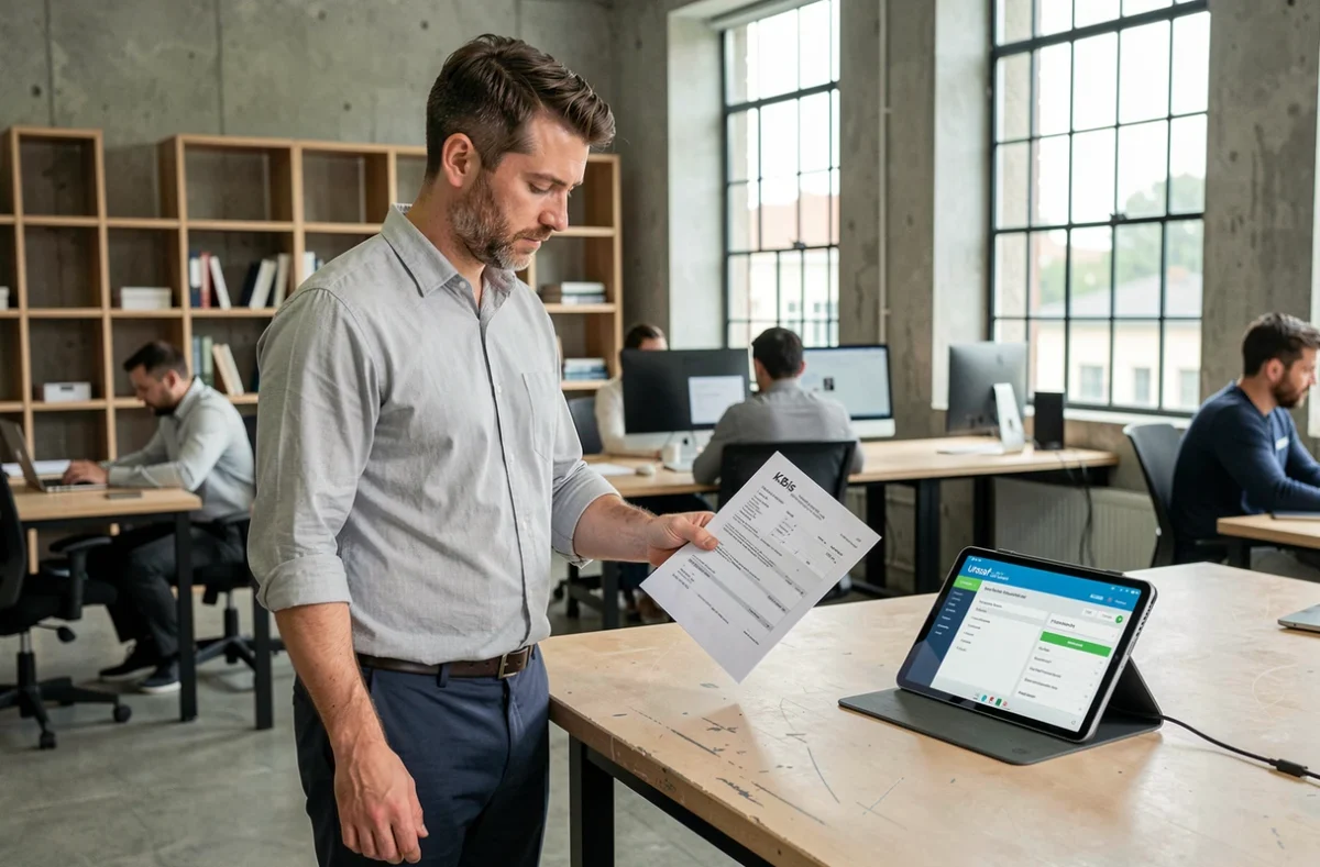 Entrepreneur masculin examinant un extrait Kbis et vérifiant sa conformité Urssaf dans un espace de co-working